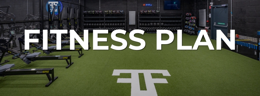 Modern gym with exercise equipment and bold Fitness Plan text on green turf. Ideal for workout and training sessions.