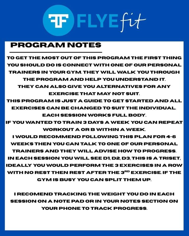 FlyeFit program notes with guidelines on workout plans, trainer advice, exercise sessions, and tracking progress.