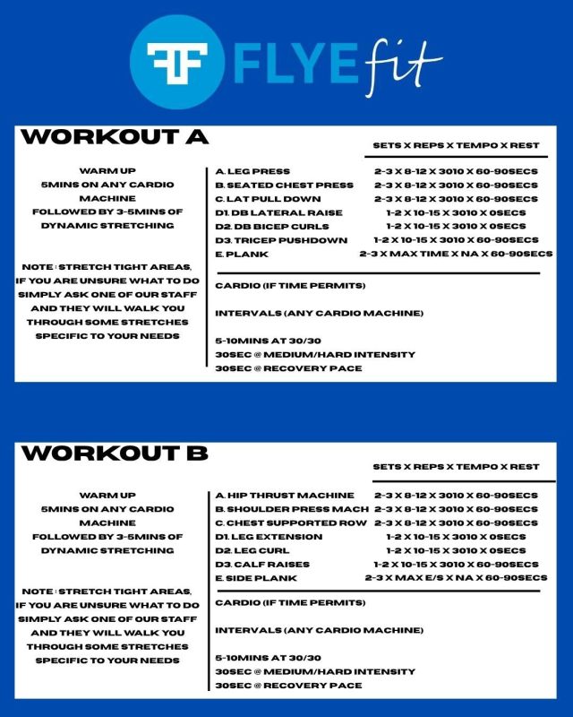 Flye Fit workout plan with exercises and warm-up instructions for routines A and B.